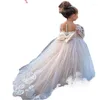 Girl Dresses Champagne Tulle Flower Bow Lace Appliques Long Sleeve For Wedding Birthday Ball Gown First Holy Communion FL41