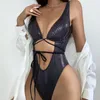 Costumi da bagno da donna 2022 Bikini sexy da donna Monokini costume da bagno Beachwear PU Pelle serpente stampato Tie-up Hollow Femle Body costume da bagno