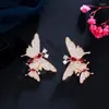 Brincos de balanço cwwzircões micro pavor vermelho zircônia cúbica pedra adorável gota de borboleta dupla para mulheres acessórios de jóias da moda cz041