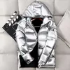 2022Couple White Duck Down Jacket Short Letter Silver Shiny Men's and Women's Hooded Thick Loose Clothes SS