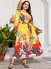 Plus Größe Kleider Sommer Für Frauen 2022 Langarm Floral Print 4xl 5xl Maxi Kleid Hohe Taille Elastische Kleidung