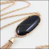 Pendant Necklaces Fashion Oval Abalone Shell Druzy Stone Necklace Long Tassel Metal Chain Pednant Sweater Necklaces Part Dhseller2010 Dhtxe