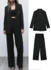 Pantaloni da due pezzi da donna 2022 Spring Autumn Black Ladies Blazer Suit 2pcs Office Outfit Giacca dentellata Pantetrini dritti Cipper