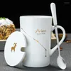 Tasses 420MLConstellation Tasse de couple en céramique créative avec couvercle de cuillère Tasse à café au lait en porcelaine du zodiaque en or noir