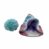 Berets Unisex Winter Ribbed Knit Beanie Hat With Detachable Fluffy Pom Gradient Tie-Dye Printed Cuffed Skull Ear Warmer