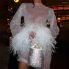 Casual Drs 2022 Sheer Mesh Feather Trim Cuff Sexy Sparkle Shinny Nightclub Fashion Short Dress O Neck Long Sleeve Cover Up Beach3042041