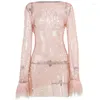 Casual Drs 2022 Sheer Mesh Feather Trim Cuff Sexy Sparkle Shinny Nightclub Fashion Short Dress O Neck Long Sleeve Cover Up Beach6366106