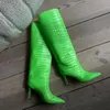 New Women Boots Fluorescent Green Stone Pointed Toe Slip on Knee High Sexy Ladies Stiletto Heels Shoes Long Boot