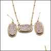 Orecchini Collana Designer Collana ovale Drusy Druzy Orecchini pendenti Set di gioielli Placcato oro Druse Choker Donna Festa di nozze Drop D Dhdul