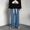 남자 청바지 스트리트웨어 헐렁한 봄 가을 남자 한국 패션 느슨한 스트레이트 넓은 다리화물 바지 남성 브랜드 의류 블랙 L220831