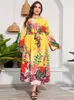 Plus Größe Kleider Sommer Für Frauen 2022 Langarm Floral Print 4xl 5xl Maxi Kleid Hohe Taille Elastische Kleidung