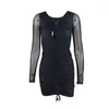 Casual Dresses Gothic Mesh Dress Autumn Sexy Pencil Cut Out Mini Women Clothes Punk Black Drawstring High Waist Long Sleeve