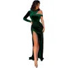 Groen fluwelen zeemeermin prom jurken 2022 sexy hoge zijde splitsen een schouder met lange mouwen avondjurk met lange mouwen formele feestjurk gb0831