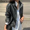 Women's Jackets Beige PU Leather Jacket Woman Autumn Winter Streetwear Single Breasted Leather Coat Female Korean Chic Corp Jacket Stand Neck T220830