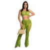 Vrouwen Tweedelige Broek Sexy Hol Gebreide Broek Past Vrouwen Gehaakte Crop Top En Wijde Pijpen Zomer Set Dames Casual Beachwear