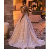 A Line Wedding Dresses Sheer Lace 3D Flowers Applique Strapless Tulle Beach Boho Bridal Gowns with Crystals