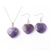 Natural Stone Necklace Jewelry Sets For Woman Amethysts Heart Pendant Earrings Bridal Wedding Set O9493