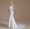 Robe de mariée en dentelle de satin à col haut avec appliques de sirène YS00066