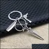 Key Rings Hair Stylist Scissors Comb Dryer Haircut Washing Blow Keychain-Tibetan Sier Charm Pendant Key Chain Ring Diy Fit Keychain D Dhdol