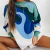 Frauenpullover Frauen Preppy Style Strick Frauen Pullover Pullover Frühling Herbst Design Blau Weiß gedruckter weicher loser Tops Lady