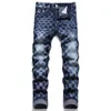 Autumn Casual Men's Plaid Jeans Fashion Slim Blue Denim Pants Contrasing Color Design Cotton Stretch Trousers Pantalones