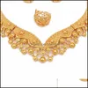 Schmuckeinstellungen Luxusschmuck Sets für Frauen Dubai Hochzeit Gold Farbkette Ohrringe Armband Ring Braut Indian Nigeria Afrikanische DHXR7