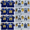 NCAA Futbol 29 Eric Dickerson 13 Kurt Warner 28 Marshall Faulk Jersey 85 Jack Youngblood 75 Deacon Jones Blue White Mans Vintage