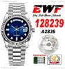 EWF Day Date 128239 A2836 Automatic Unisex Watch Mens Ladies 36 Fluted Bezel Blue Diamonds Dial Presidential Bracelet Same Serial Card Super Edition Puretime SS-F6