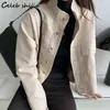 Women's Jackets Beige PU Leather Jacket Woman Autumn Winter Streetwear Single Breasted Leather Coat Female Korean Chic Corp Jacket Stand Neck T220830