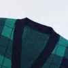 Женский дизайнер свитеров Французская весна Новая зеленая клетчатая клетчатая жаккарда ленивый ветер Свободный V-образный выстрел вязаный кардиганский свитер женский хала