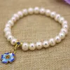 Strand Fashion Women Armband 7-8mm Natural White Pearl Thread Beads Charms Lady Gold-Color Cloisonne Diy Jewelry 7.5inch B3120