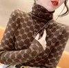 여자 스웨터 2022 스프링-오트 니트 셔츠 상단 터틀 넥 격자 무늬 인쇄 양면 벨벳 긴 슬림 한 여성 의류