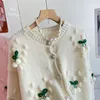 Women's o-neck rhinestone 3D cherry pattern single breasted knitted sweater cardigan coat