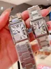 24mm 27mmカップルブルーポインタータンクウォッチ女性男性ステンレス鋼長方形の時計幾何学的なクォーツ腕時計ローマ数字時計