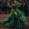 Hunter Green Halter Prom -klänningar med Losse Long Sleeve Fairy Ruffles Tiered Tulle kjol Bohemain Photoshoot Evening Gown