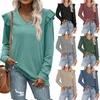 Women's T Shirts Black Green Ruffle Patchwork Long Sleeve Topps Women's Tee Shirt Autumn Winter Loose Casual V-Neck T-Shirt Office Ropa