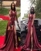 2019 Dark Red Prom Dress Black Girls High Slit Long Sleeves Formal Holidays Wear Graduation Evening Party Gown Custom Made Plus Si6215795