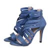 Kleid Schuhe Frauen Sommer Sandalen Mode Damen Gummiband High Heel Pumps Weibliche Offene Zehen Schuh Reißverschluss Damen Denim Außerhalb Kleid