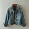 Damesjassen Leer vrouwen denim jas klinknagel punk vintage bijgesneden korte jas met lange mouw jeans vestiging/diepblauw