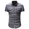 Mäns casual skjortor Fashion Denim Men's Short Sleeve Pleated Jeans Summer Cottoon for Man Camisas Hombre