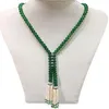 Super Beautiful Natural 8mm Green Jade Freshwater Pearl Tassel Necklace 25 "