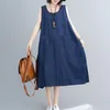 Casual Dresses #2466 Summer Blue A-Line Denim Dress Women O Neck Vintage Overall Side Split Loose Sleeveless Midi