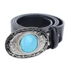 Belts In PU Leather With Metal Buckle Turquoise Carved Pattern