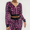 Femmes Deux Pièces Pantalon Coeur Imprimé Rose Mignon Crop Top Veste À Manches Longues Automne Velours Manteau Poche Patchwork Baseball Harajuku Hiver 221130