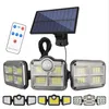 LEDS Lâmpadas solares ao ar livre 3 Sensor de movimento da cabeça Iluminação de ampla ângulo de controle remoto à prova d'água Luzes de parede