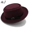 Berets Vintage Women Men Pork Pie Hat With Fashion Leather For Dad Wool Flat Fedora Gentleman Gambler Trilby Size 58CM