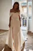 Elegante Satén Boho Garden Una línea Vestidos de novia para mujeres Fuera del hombro Fruncido Marfil Vestidos de novia modernos Simple Sexy High Split Bride Robes de Mariee CL1531