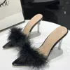 Slippers PU Leather With Feather Peep Toe Transparent High Heel Summer Sexy Slip On Clear Slides Women Mules Shoes