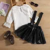 Clothing Sets Children's Clothes Suit Girls Lace Bottoming Shirt Leather PU Strap Skirt 2 Pcs Spring Autumn Baby Fashion Long Sleeved Outfits 221130