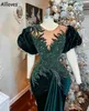 VELET Dark Green Mermaid Dresses Amazing Crystals Crystals Ruched Orgens Second Orvice Puff Sister Sleeves Party Vestidos de Festa CL1528